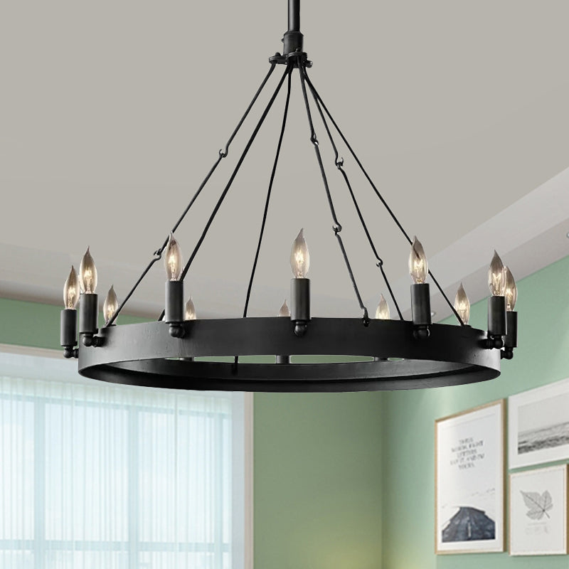 12/18 Light Round Hanging Chandelier Traditional Black Metal Pendant Light avec conception de bougies