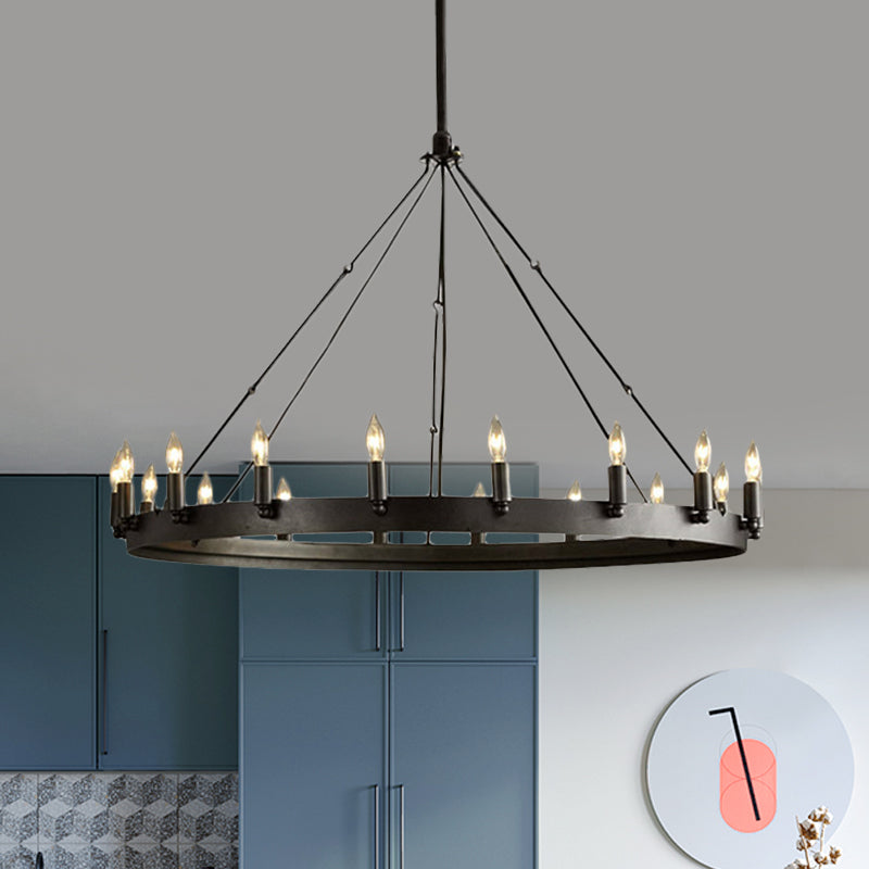 12/18 Light Round Hanging Chandelier Traditional Black Metal Pendant Light avec conception de bougies