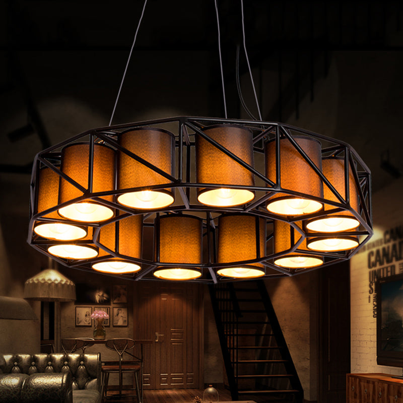 Black Cylinder Chandelier Lamp Vintage Fabric 12 Bulbs Restaurant Ceiling Light with Round Cage