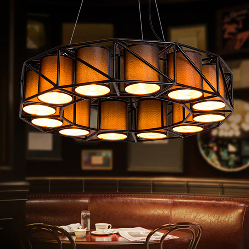 Black Cylinder Chandelier Lamp Vintage Fabric 12 Bulbs Restaurant Ceiling Light with Round Cage