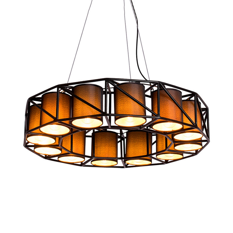 Black Cylinder Chandelier Lamp Vintage Fabric 12 Bulbs Restaurant Ceiling Light with Round Cage