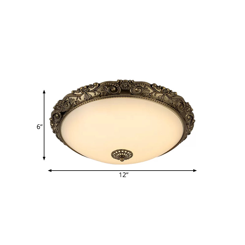 Brass Domed Ceiling Lamp Traditional White Glass 12"/16"/19.5" W LED Bedroom Flush Mount Lighting Fixture