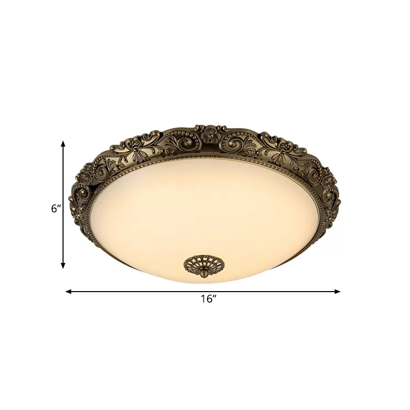 Brass Domed Ceiling Lamp Traditional White Glass 12"/16"/19.5" W LED Bedroom Flush Mount Lighting Fixture