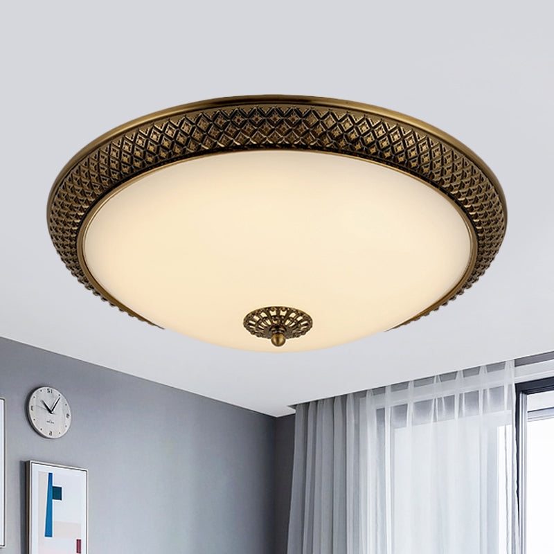 Brass Domed Ceiling Lamp Traditional White Glass 12"/16"/19.5" W LED Bedroom Flush Mount Lighting Fixture