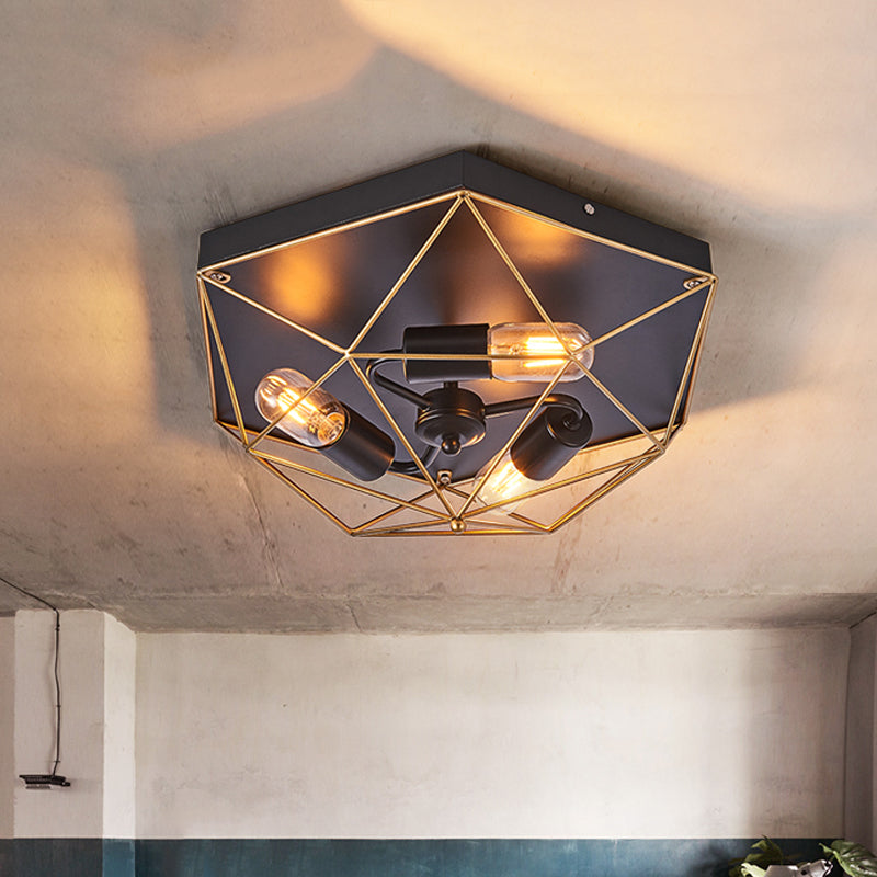 Prisma Cage Foyer Ceiling Light Traditionelle Stil Metall 3 Köpfe Schwarz Bündig Montierte Beleuchtung Halterung