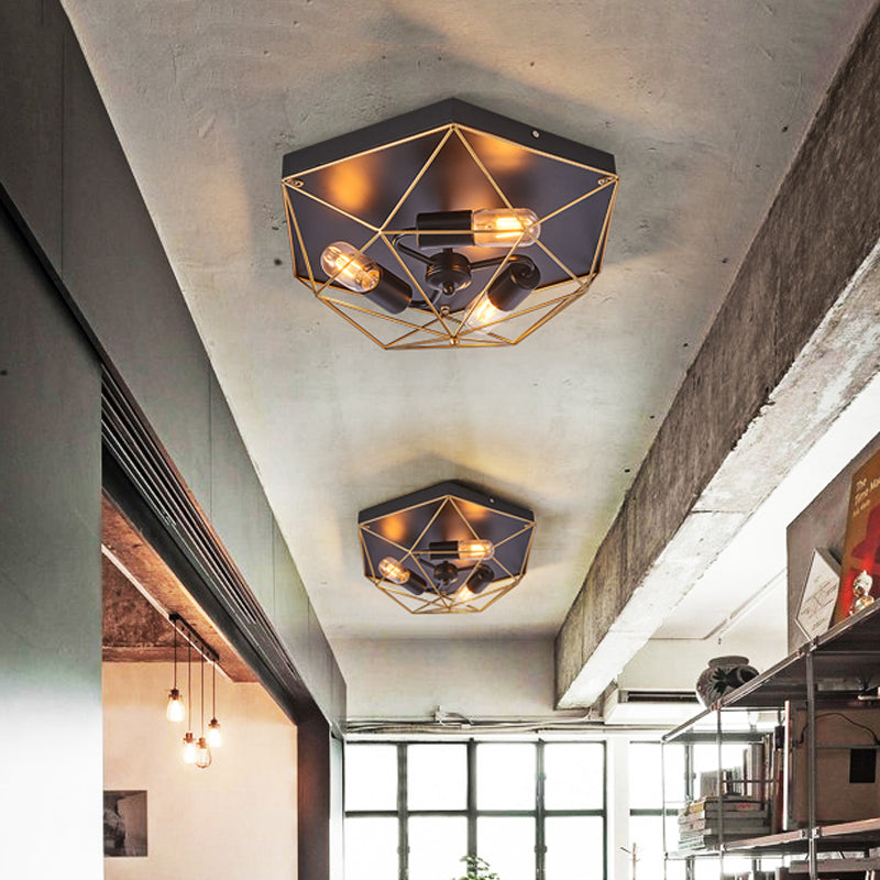 Prisma Cage Foyer Ceiling Light Traditionelle Stil Metall 3 Köpfe Schwarz Bündig Montierte Beleuchtung Halterung