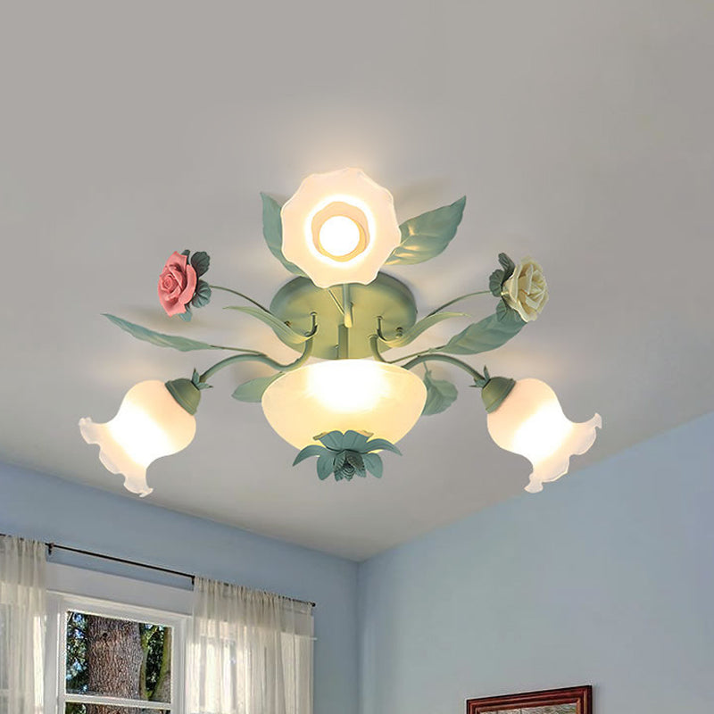 Opal Glass Blue Semi Mount Lighting Blossom 5/7/11-Light Korean Garden Flush Light Fixture for Living Room