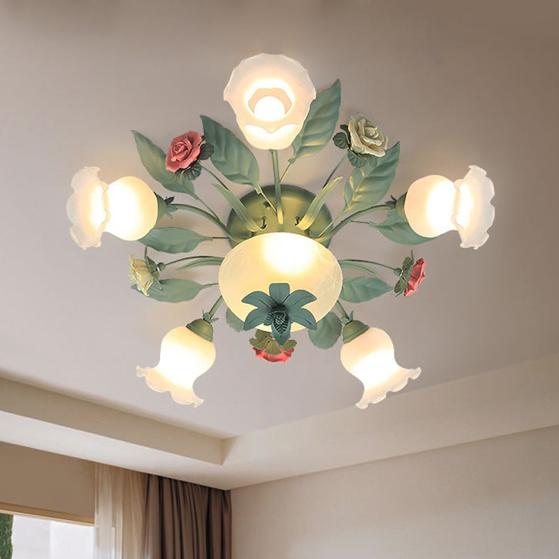 Opal Glass Blue Semi Mount Lighting Blossom 5/7/11-Light Korean Garden Flush Light Fixture for Living Room