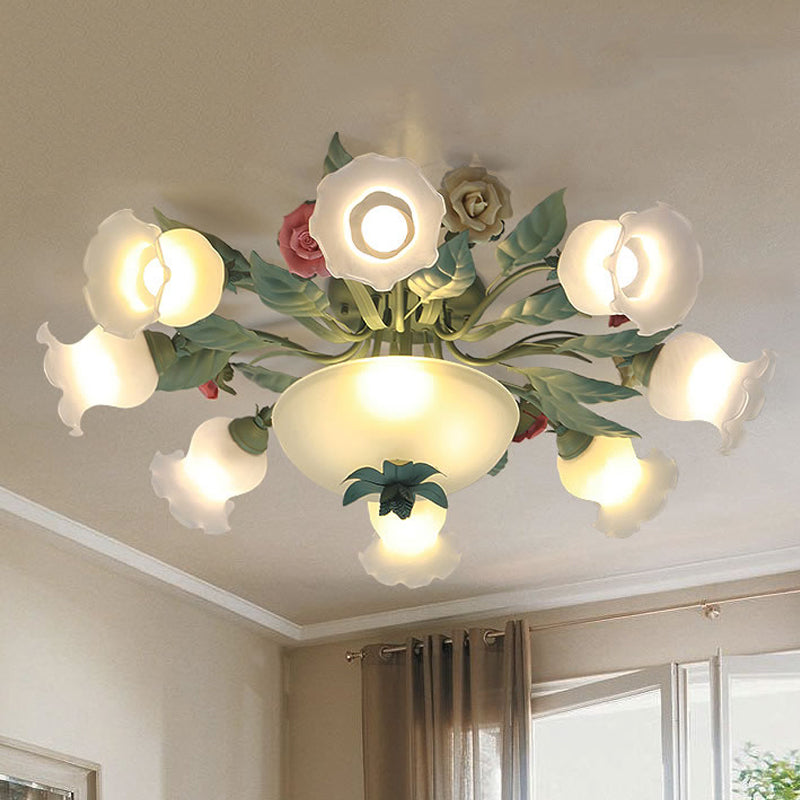 Opal Glass Blue Semi Mount Lighting Blossom 5/7/11-Light Korean Garden Flush Light Fixture for Living Room