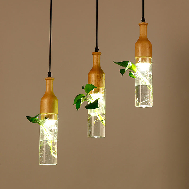 Bottle Restaurant Multi Light Pendant Art Deco Clear Glass 3 Heads Wood Hanging Lamp with Round/Linear Canopy
