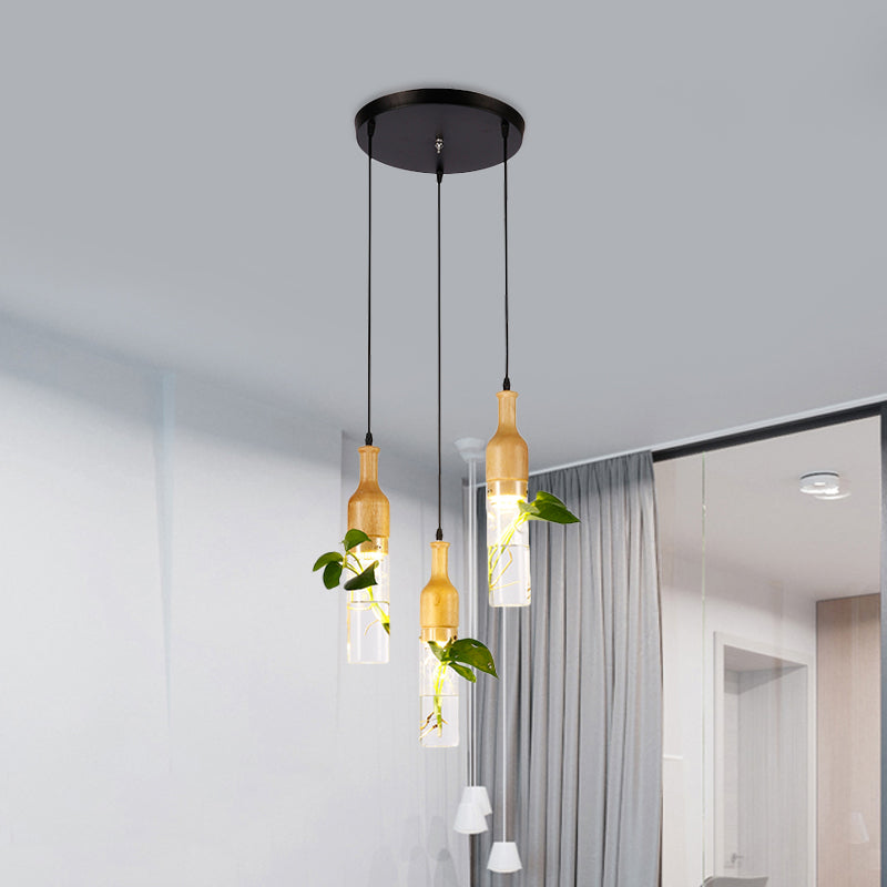 Bottle Restaurant Multi Light Pendant Art Deco Clear Glass 3 Heads Wood Hanging Lamp with Round/Linear Canopy