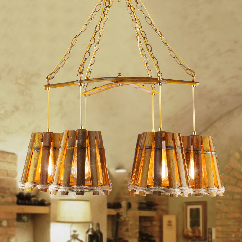 Gele 6 lichten kroonluchter lamp retro bamboe conische suspensieverlichting met natuurlijk touw