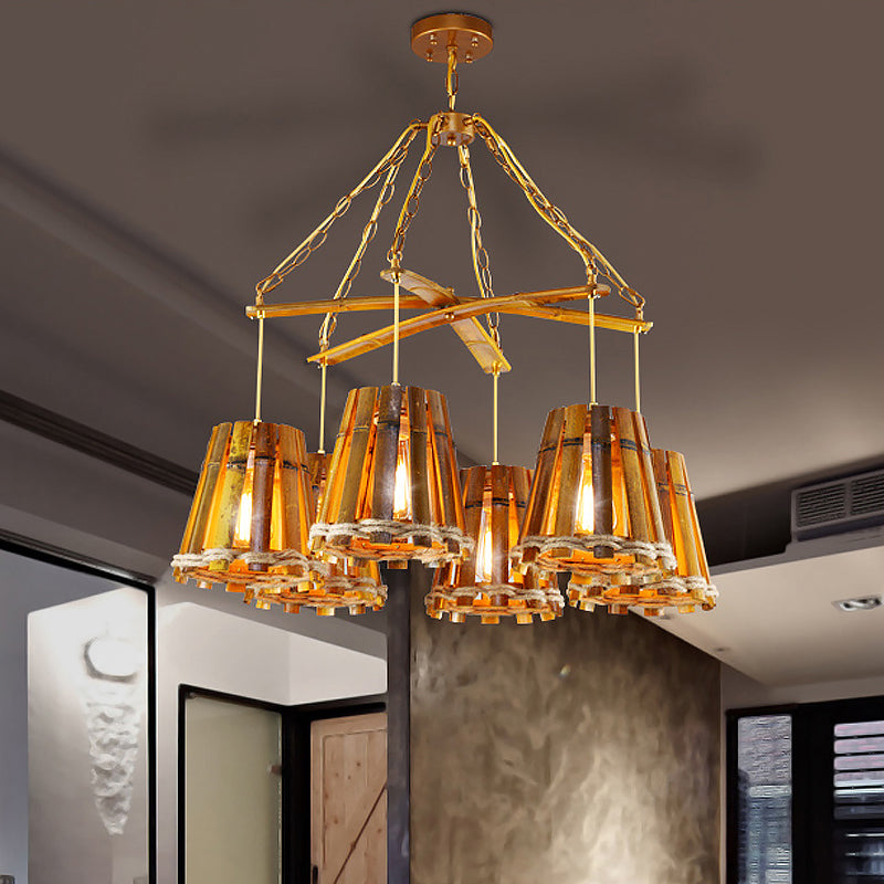 Yellow 6 Lights Chandelier Lamp Retro Bamboo Conical Suspension Lighting with Natural Rope