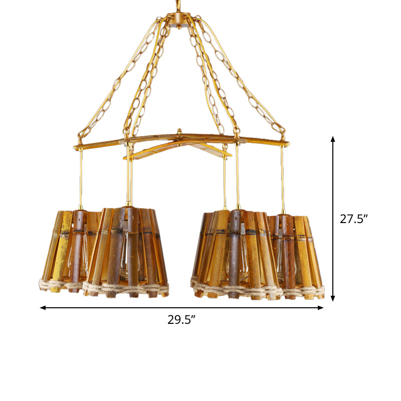Gele 6 lichten kroonluchter lamp retro bamboe conische suspensieverlichting met natuurlijk touw