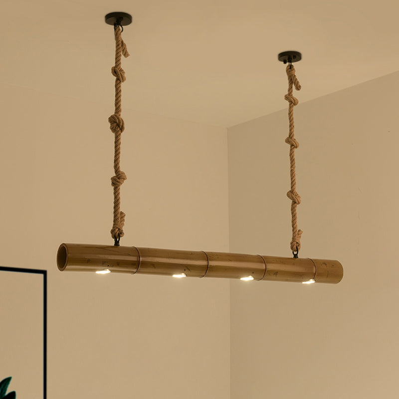 Bamboo Tube Island Lighting Farmhouse 4 Bulbs Restaurant Hanging Pendant Light in Yellow and Brown with Rope