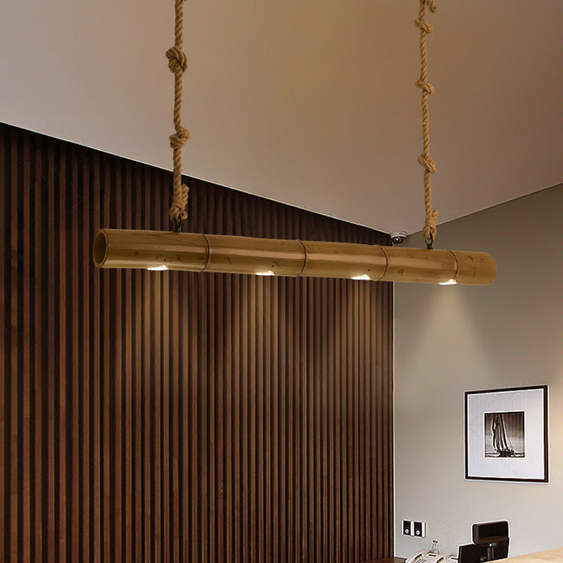 Bamboo Tube Island Lighting Farmhouse 4 Bulbs Restaurant Hanging Pendant Light in Yellow and Brown with Rope