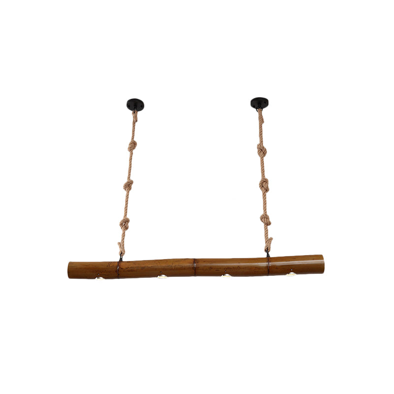 Bamboo Tube Island Lighting Farmhouse 4 Bulbs Restaurant Hanging Pendant Light in Yellow and Brown with Rope