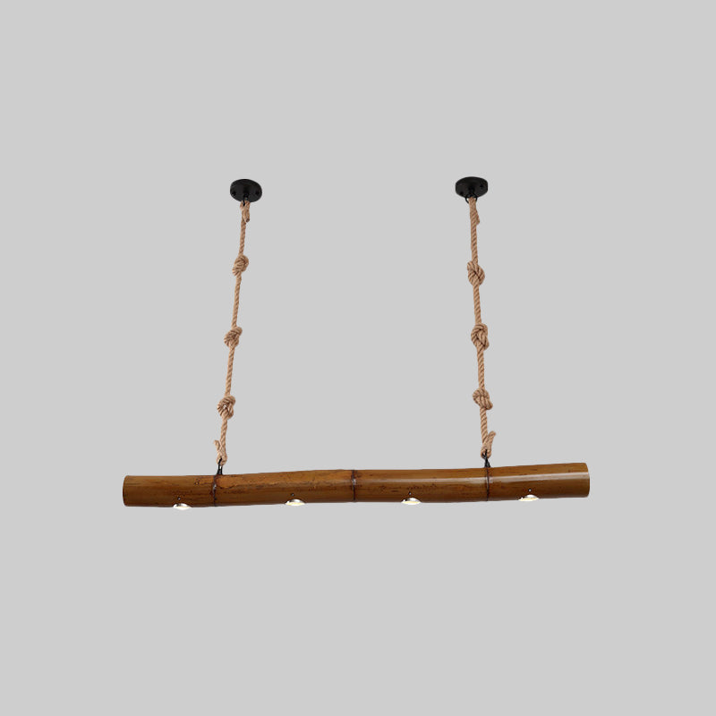 Bamboo Tube Island Lighting Farmhouse 4 Bulbs Restaurant Hanging Pendant Light in Yellow and Brown with Rope