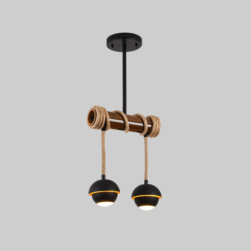 Industrial Linear Island Chandelier 2/3/6 Bulbs Iron Pendant Lamp in Black with Bamboo Tube and Rope, Warm/White Light
