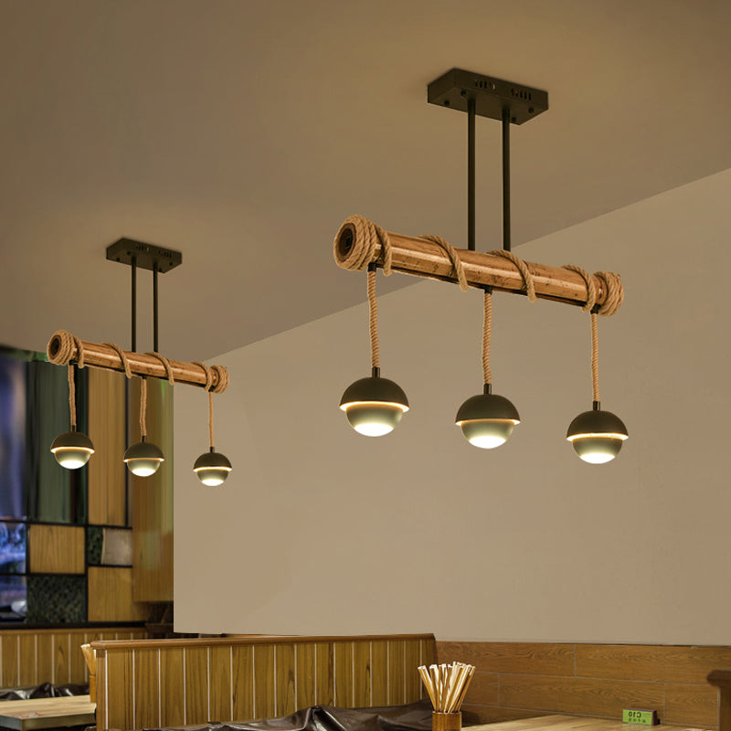 Industrial Linear Island Chandelier 2/3/6 Bulbs Iron Pendant Lamp in Black with Bamboo Tube and Rope, Warm/White Light