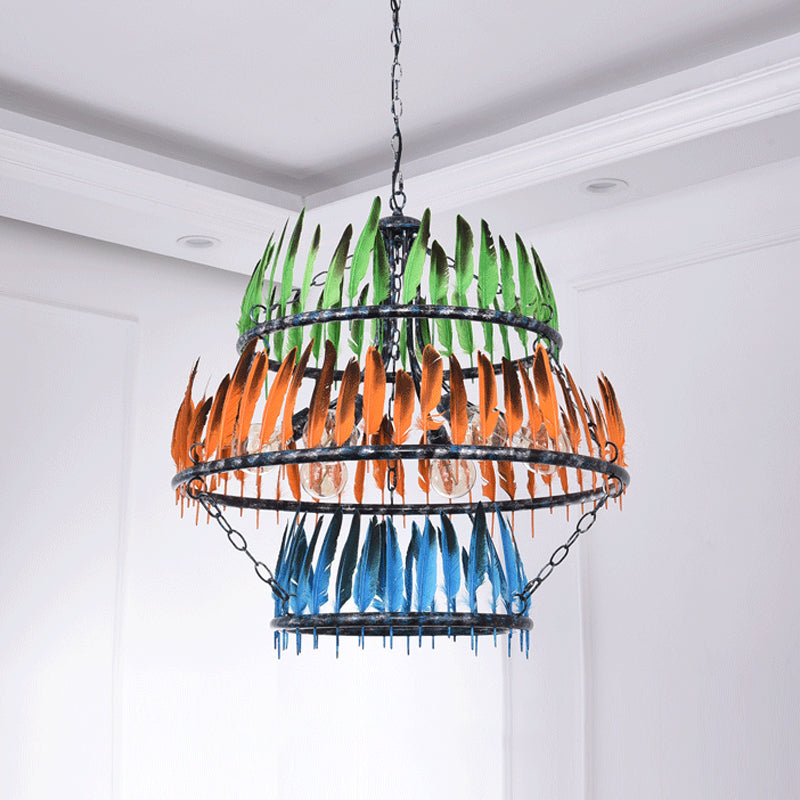 Layered Iron Chandelier Lamp Factory 6 Heads Restaurant Suspension Light in Black with Feather Design