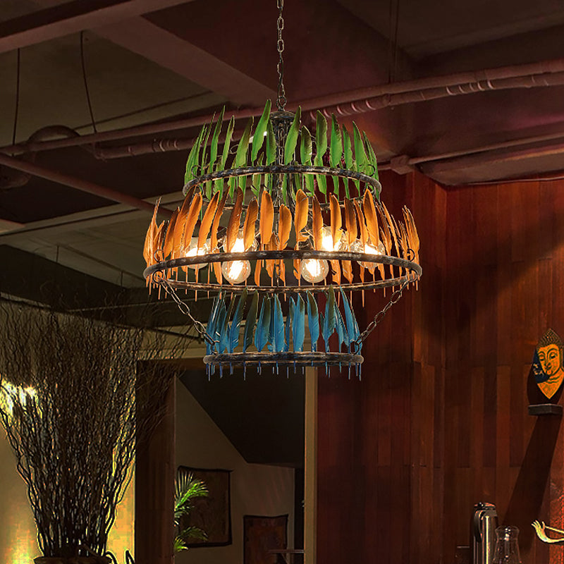 Layered Iron Chandelier Lamp Factory 6 Heads Restaurant Suspension Light in Black with Feather Design