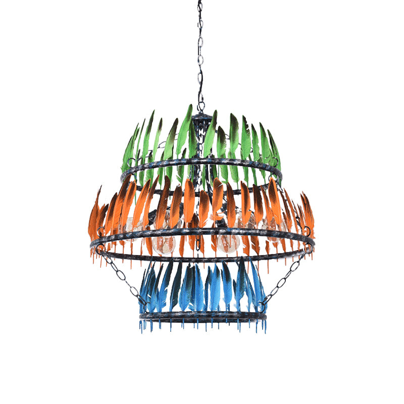 Layered Iron Chandelier Lamp Factory 6 Heads Restaurant Suspension Light in Black with Feather Design
