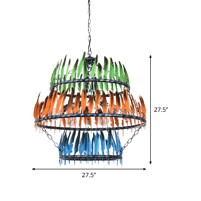 Layered Iron Chandelier Lamp Factory 6 Heads Restaurant Suspension Light in Black with Feather Design