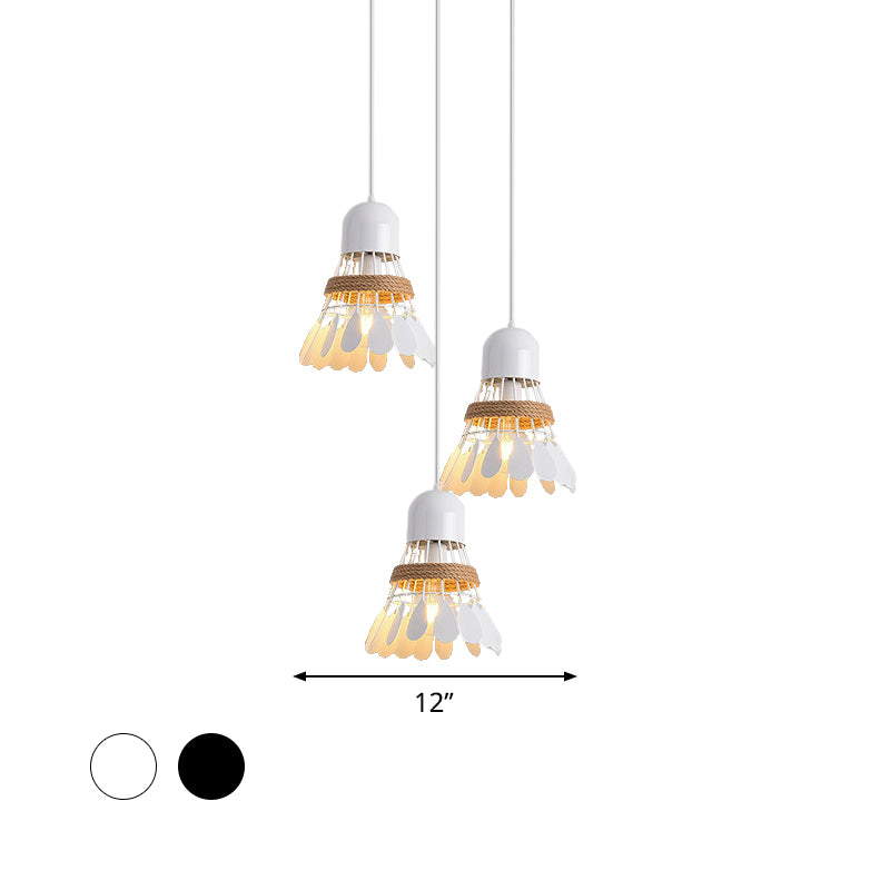 Badminton eetkamer cluster hanger Art Deco Iron 3 Heads Black/White Drop Lamp met touw en ronde/lineaire luifel