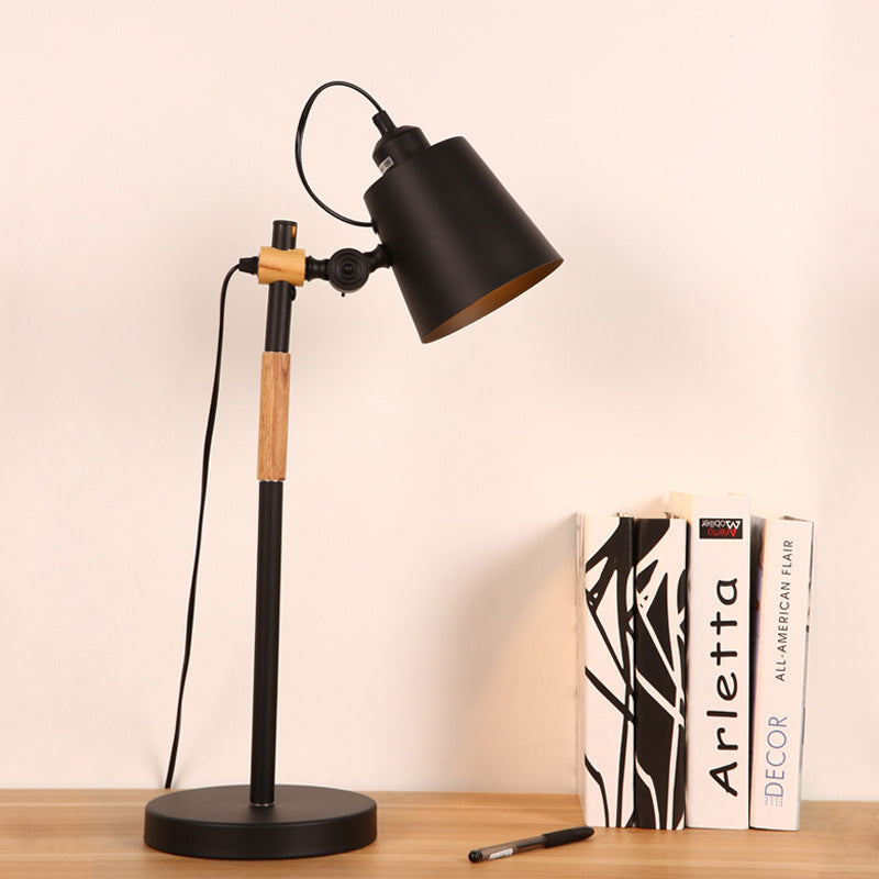 Illuminazione notturna con secchio in metallo Lampada da tavolo industriale da soggiorno a 1 lampadina con braccio in legno in bianco/nero