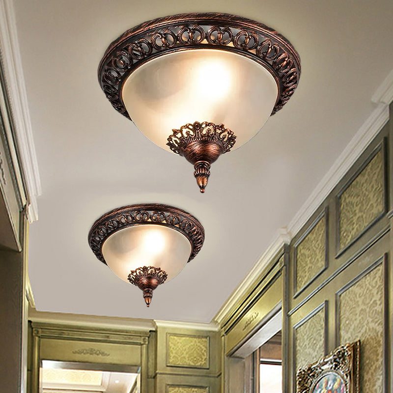 Bowl Living Room Flush Mount Lighting Traditional Frosted Glass 2 Heads Rust Metal Ceiling Light Fixture