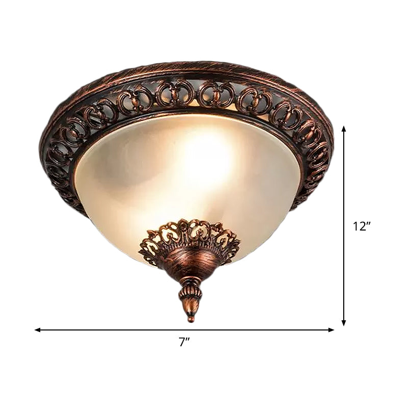 Bowl Living Room Flush Mount Lighting Traditional Frosted Glass 2 Heads Rust Metal Ceiling Light Fixture
