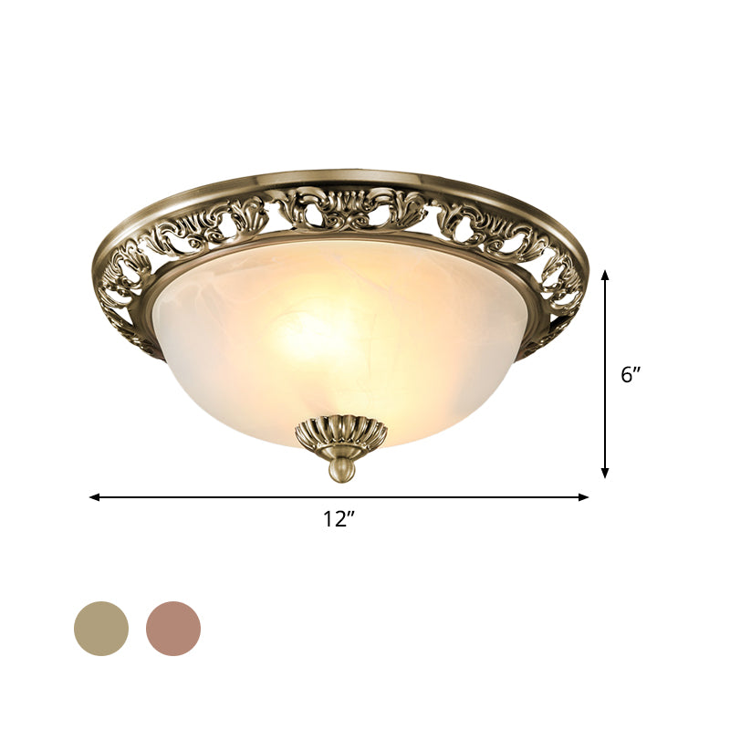 Bowl Shade Opal Glass Flush Ceiling Light Countryside 3-Head Living Room Metal Flush Mount Fixture in Bronze/Copper, 12"/16"/19.5" Wide