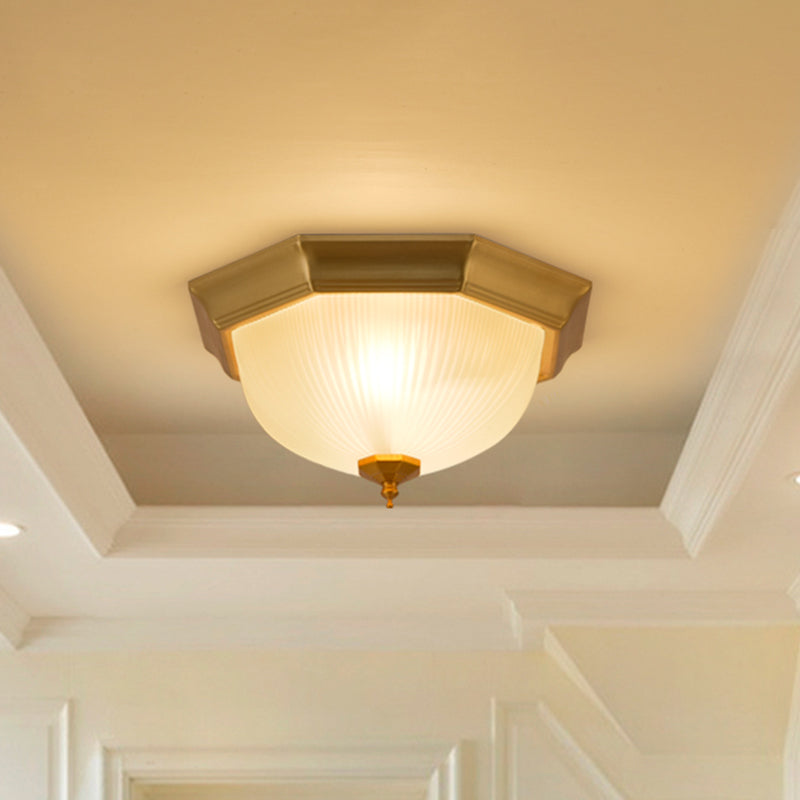 Gold Domed Flushmount Light Colonial Ribbed Glass 2 Lights Corridor Close to Ceiling Lamp