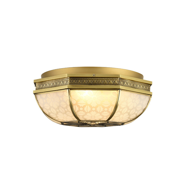 Frosted Glass Gold Flush Mount Bowl Shade 4-Light Colonialism Metal Ceiling Mounted Fixture with Flower Pattern