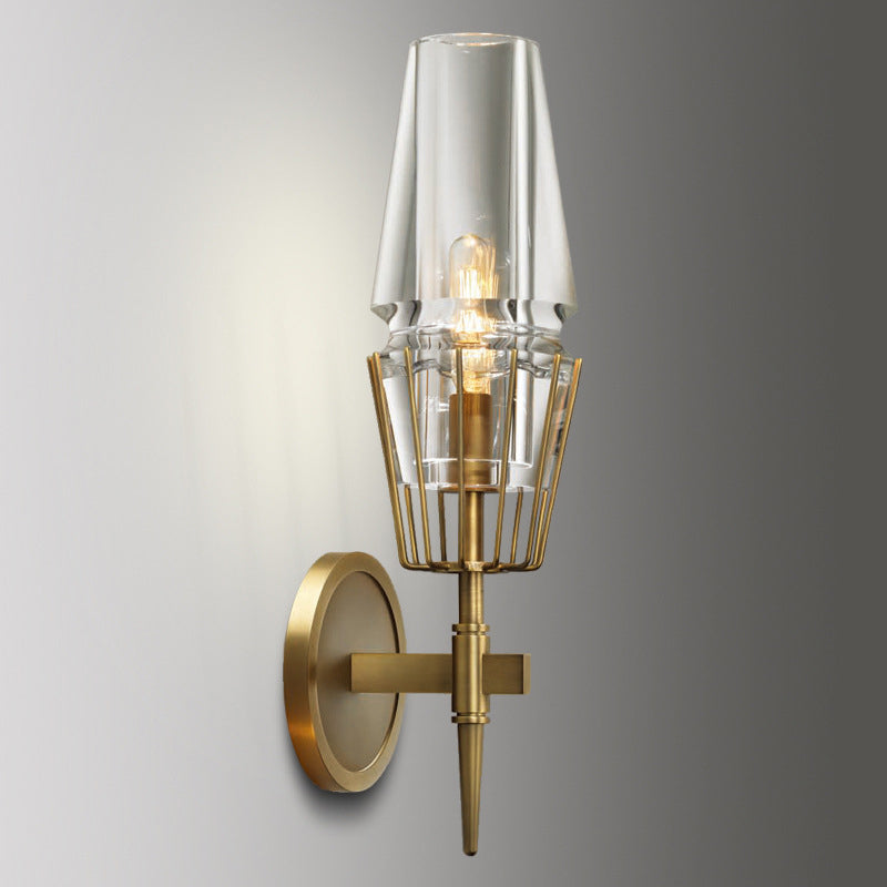 Clear Glass Tapered Sconce Lighting Colonial 1/2-Light Porch Wall Light in Gold with Metal Frame