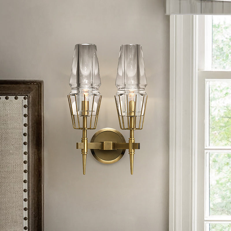 Clear Glass Tapered Sconce Lighting Colonial 1/2-Light Porch Wall Light in Gold with Metal Frame