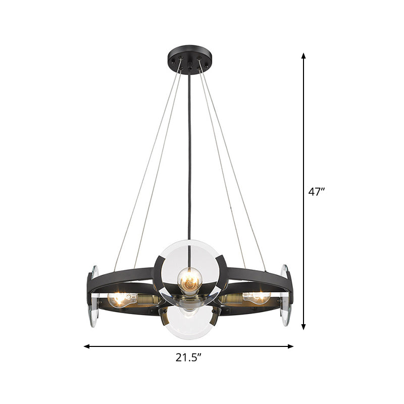 4/6 lumières Circular Pendant Chandelier Farmhouse Black Black Metallic Plafond Light avec une teinte en verre transparent