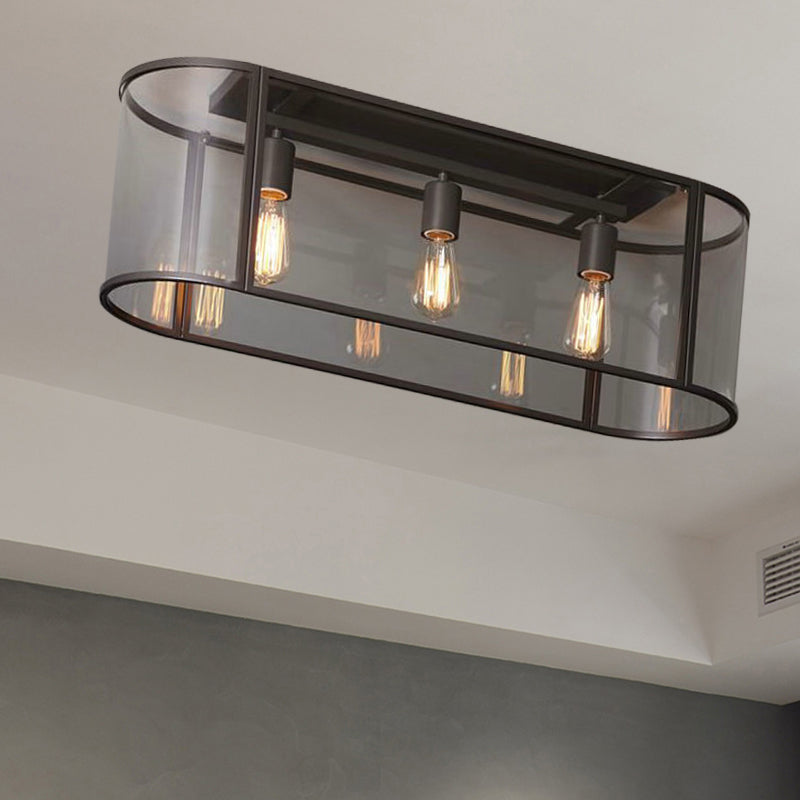 3 Heads Flush Light Warehouse Corridor Metal Flush Mount Lighting with Oval Clear Glass Shade in Black/Gold