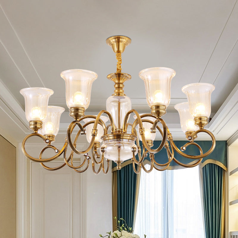 Bell Living Room Chandelier Lamp Farmhouse Verre transparent 3/6/8 LUMIÈRES ÉCLAIRES SUSPENSION DE LASS AVEC METAL BRAU