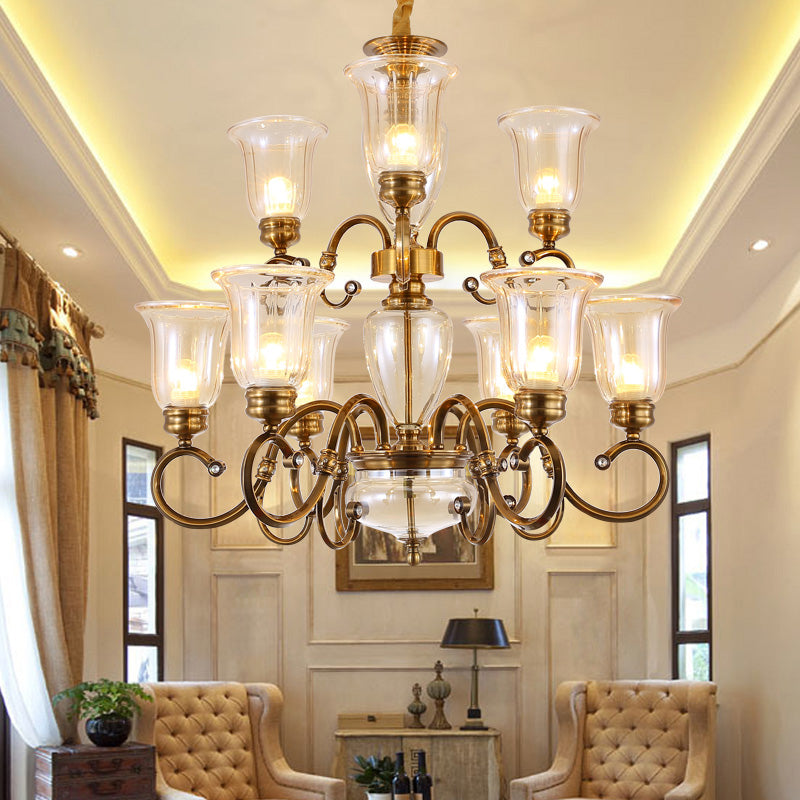 Bell Living Room Chandelier Lamp Farmhouse Verre transparent 3/6/8 LUMIÈRES ÉCLAIRES SUSPENSION DE LASS AVEC METAL BRAU