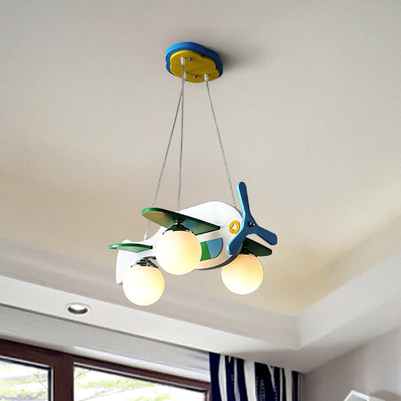 Kids Airplane Suspended Lighting Fixture Frosted Glass 3-Bulb Nursery Cluster Pendant Light in White/Red