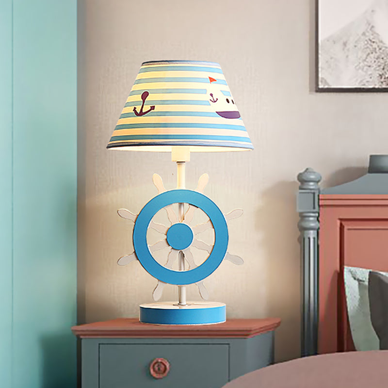 Lampada da studio conica in tessuto per bambini, lampada da lettura blu a 1 lampadina con base a timone per camera da letto