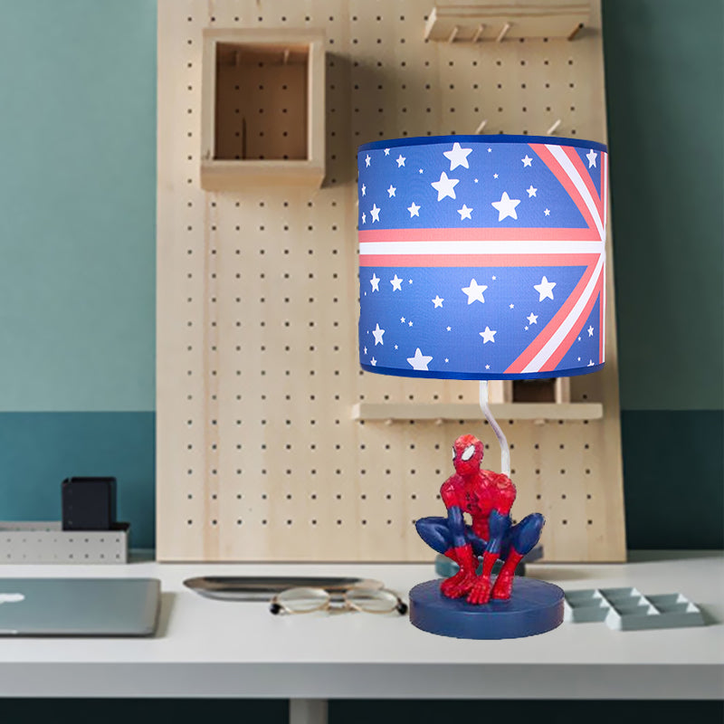 Lampada da comodino a tamburo in tessuto per bambini, 1 lampadina, illuminazione da comodino in blu con motivo a stella per la scuola materna