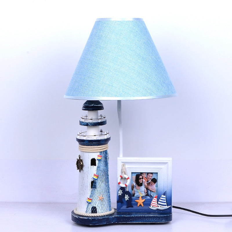 Lámpara de madera de faro Niños 1 bombilla Luz de mesa azul con sombra de tela y marco de fotos