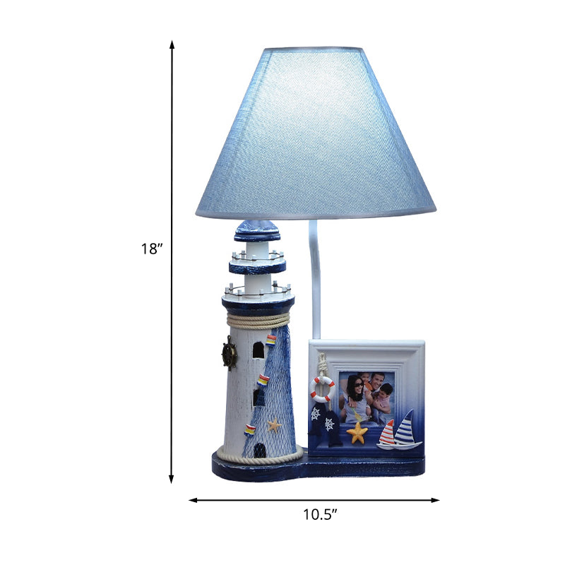 Lámpara de madera de faro Niños 1 bombilla Luz de mesa azul con sombra de tela y marco de fotos