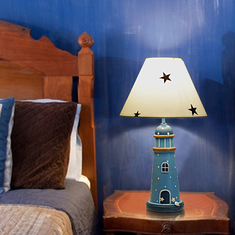 Resin Lighthouse Night Lighting Mediterranean 1 Head Blue Table Lamp with Tapered Fabric Shade