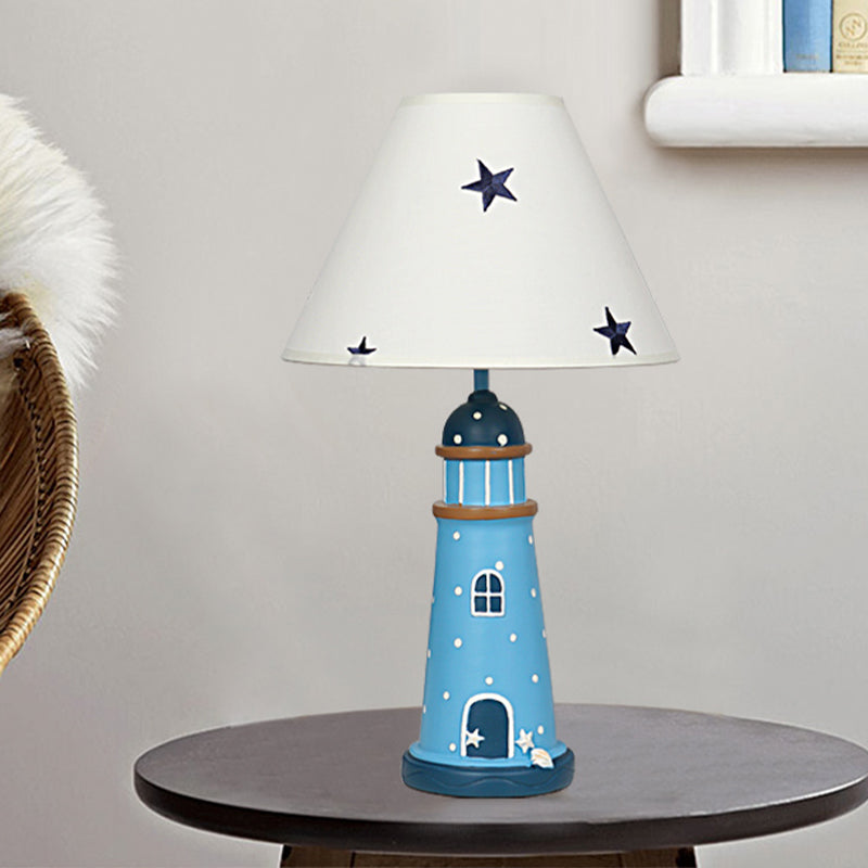 Resin Lighthouse Night Lighting Mediterranean 1 Head Blue Table Lamp with Tapered Fabric Shade