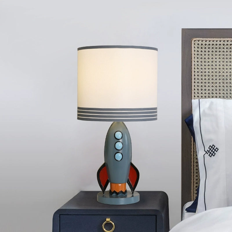 Blue Rocket Nightstand Lighting Kids Resin Night Table Light with Drum Fabric Shade for Nursery