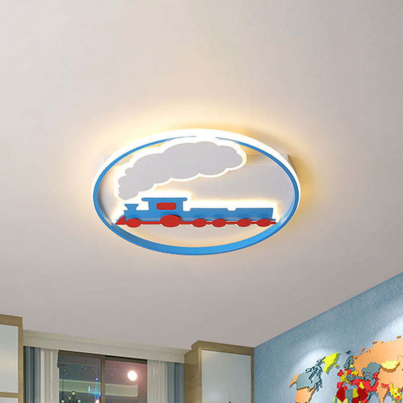 Train Flush Mount Ceiling Light Kids Acrylic LED Boys Bedroom Flushmount Lighting in Blue, 16"/19.5" Width
